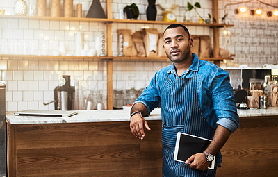 Buy stock photo Business owner, tablet and portrait of man in cafe for online, entrepreneurship or barista startup. Network, technology or food industry for African waiter in restaurant for internet  and coffee shop