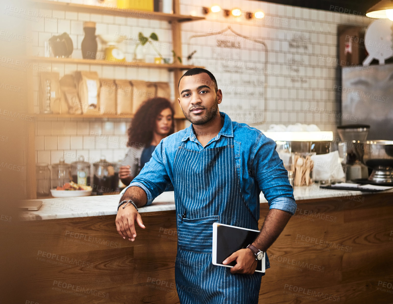 Buy stock photo Waiter, tablet and portrait of man in coffee shop for online, entrepreneurship and startup. Retail, technology and food industry with small business owner in restaurant for barista, store and cafe