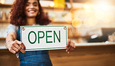 Buy stock photo Coffee shop, open sign and hands of woman in cafe for small business, startup and retail store. Restaurant, cafeteria and happy waitress, barista and owner by counter for service, help and welcome