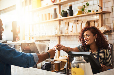 Buy stock photo Credit card, cafe and happy woman with customer, payment and ecommerce transaction for sales service, pos and banking. Coffee shop, point of sale and waitress in trade, b2c shopping and easy finance