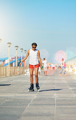 Buy stock photo Woman. rollerskate and active for summer with hobby for fitness or health outdoors for exercise. Vacation, fun and travel with activity in sunshine on boardwalk, skating and weekend in Venice beach