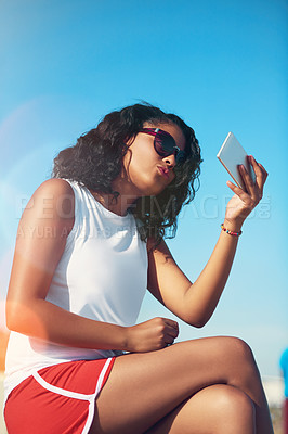 Buy stock photo Outside, smartphone and girl with pout for selfie, social media post or profile picture with mobile phone. Technology, female person and cellphone for photography, image and connectivity for online