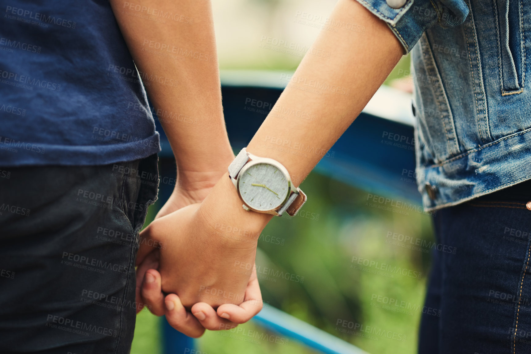 Buy stock photo Couple, holding hands and outdoor support for love, trust and together for walk in nature. People, romance and countryside for partnership commitment in forest, travel and holiday for bonding trip