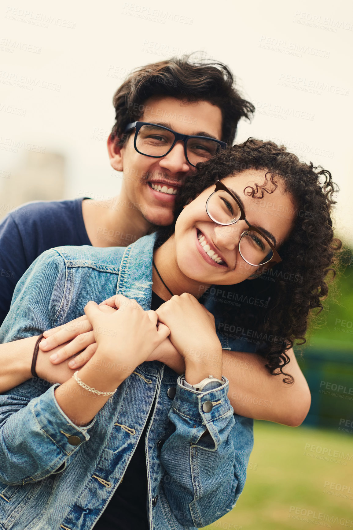 Buy stock photo Portrait of a teenage couple outdoors