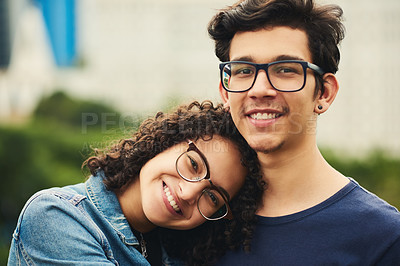 Buy stock photo Portrait of a teenage couple outdoors
