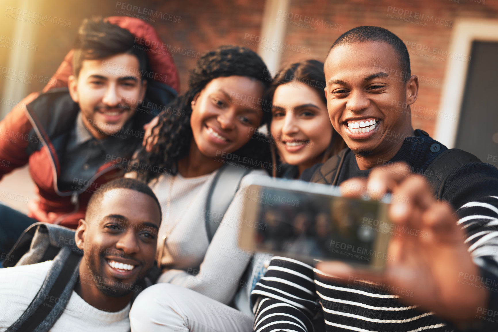 Buy stock photo Diversity, happy friends and selfie of students at university campus together for learning, education or memory. Picture, smile or group of people at college outdoor for community blog or photography