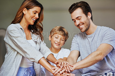 Buy stock photo People, stack and support of family, home and bonding with care, love and group in apartment and weekend. Trust, huddle and kid with mom, unity and connection of parents with child or father in house