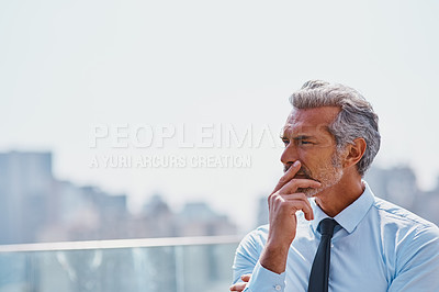 Buy stock photo City, thinking and space with business man outdoor for future planning, problem solving or vision. Growth, idea and mission with mature professional in urban town for contemplation on blue sky