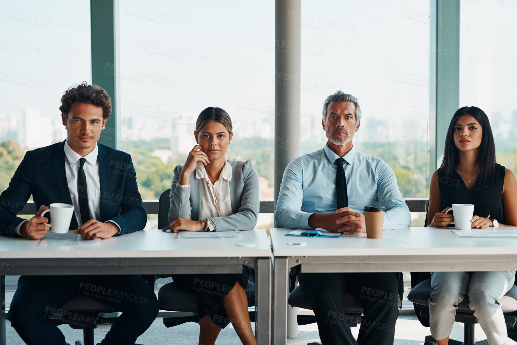 Buy stock photo Cropped shot of corporate businesspeople sitting in a row ready to interview a candidate inside