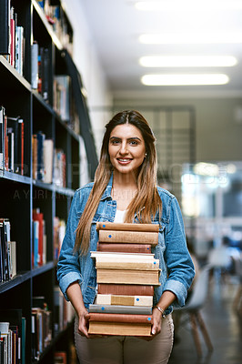 Buy stock photo Woman, college student with stack of books in library and research with studying and learn on university campus. Female person smile in portrait, education and scholarship with reading material