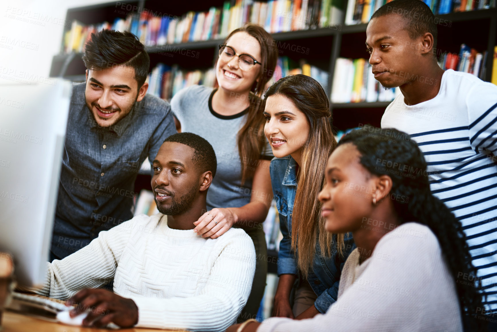 Buy stock photo People, computer and learning in library for university, study and education with exam collaboration. Students, tech and diversity on college campus for research project, scholarship and math course