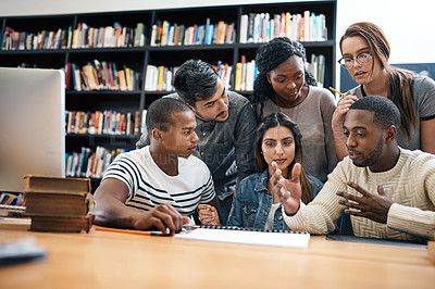 Buy stock photo Students in library, studying together and discussion, exam or research for project, education and teamwork. Diversity, young men and women in study group and learning with collaboration on campus