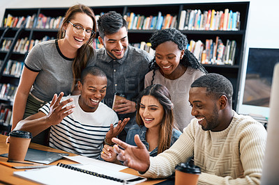 Buy stock photo People in library, students laughing together and studying for exam or research for project, education and teamwork. Diversity, men and women in study group and learn with collaboration on campus