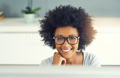Buy stock photo Cropped portrait of an attractive young businesswoman working at home