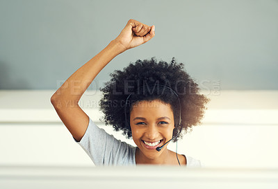 Buy stock photo Cropped portrait of an attractive young businesswoman cheering while working in a call center