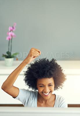 Buy stock photo Cropped shot of an attractive young businesswoman cheering while working in a call center