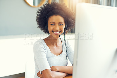 Buy stock photo Cropped portrait of an attractive young businesswoman working in a call center