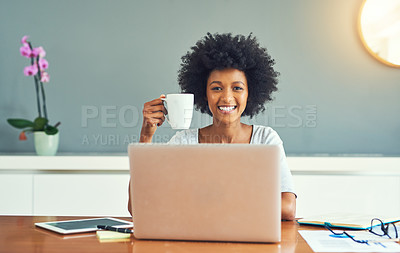 Buy stock photo Cropped portrait of an attractive young businesswoman working at home