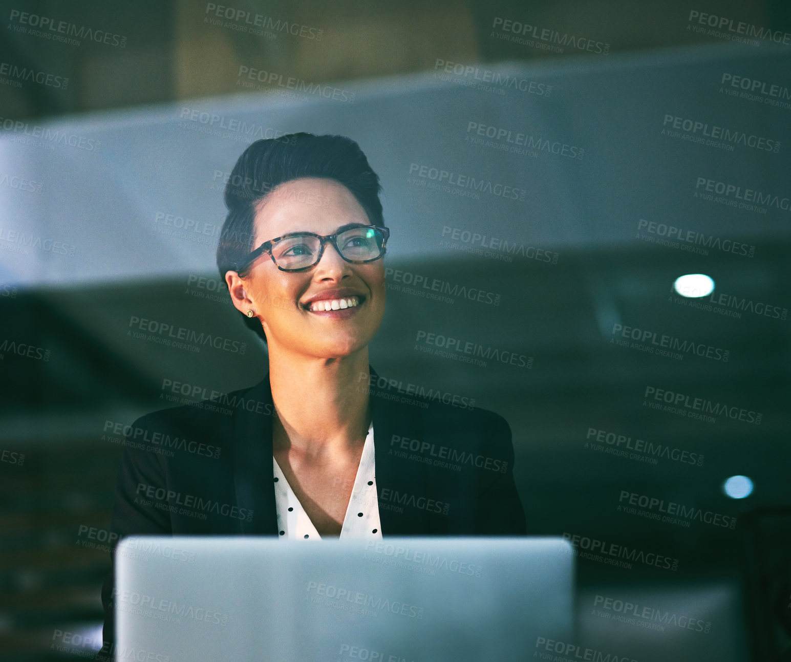 Buy stock photo Employee, thinking and woman with laptop, night and thoughts with planning for project ideas. Person, agent and consultant with computer, decision or choice for review, solution or problem solving