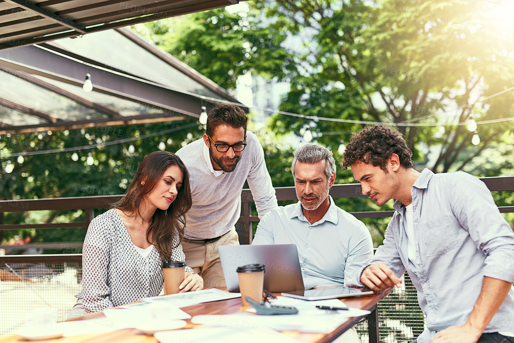 Buy stock photo Teamwork, meeting and business people in cafe with laptop for strategy, collaboration or creative workshop. Research, woman and men at coffee shop for online planning, startup ideas or design project