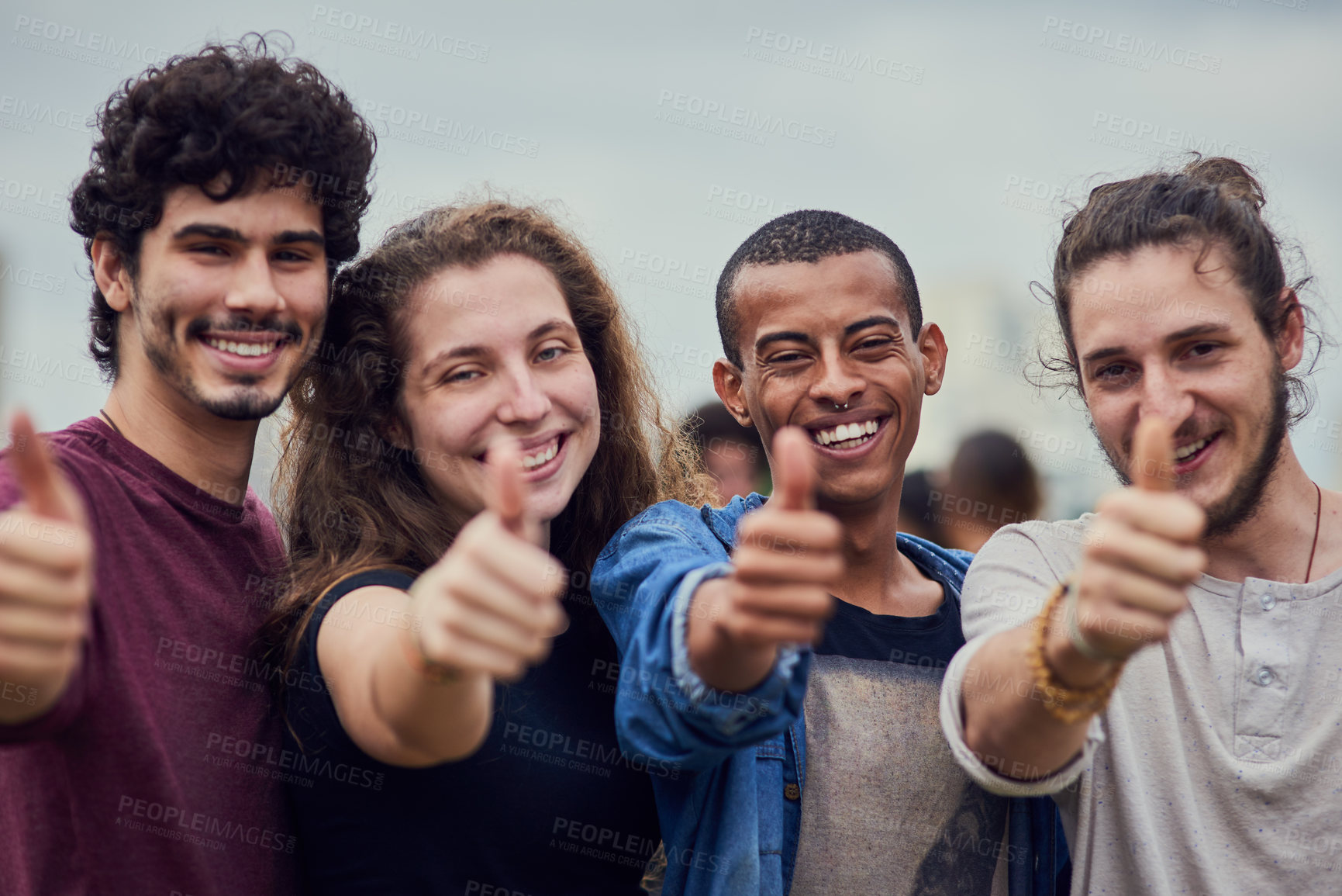 Buy stock photo Students, portrait and thumbs up for learning success, education and voting with campus election for leadership. Happy, diversity and young people or friends like, yes and achievement or thank you