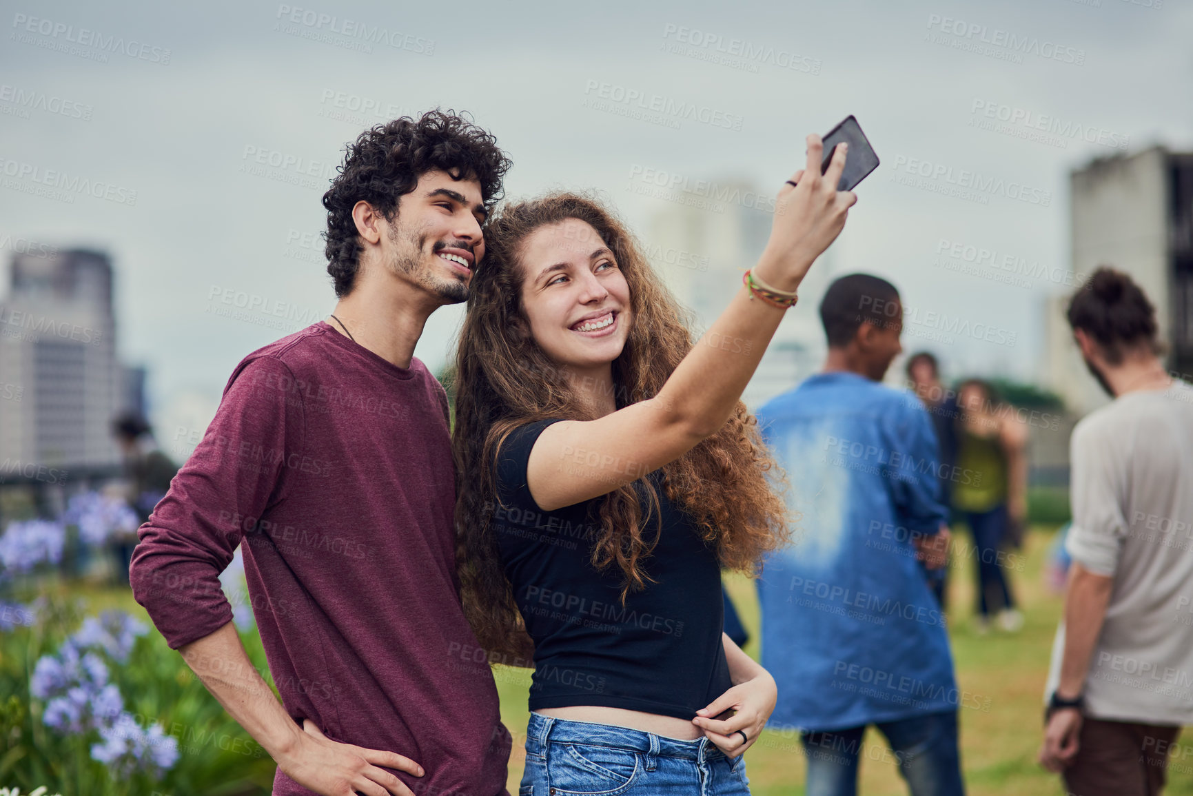 Buy stock photo Students, couple and selfie in college with fun hangout for orientation at campus, outdoor or park. Happy young people or influencer in profile picture for social media post update of university