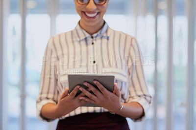 Buy stock photo Hands, business woman and tablet for reading email, research or update schedule. Technology, happy worker and editor check app for publication results, information or notification in creative startup