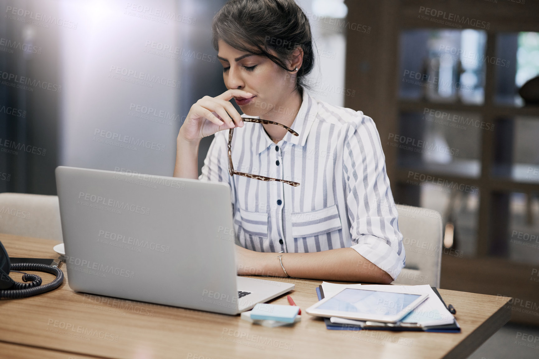 Buy stock photo Woman, stress and frustrated in office with laptop, headache and overworked in workplace. Female lawyer, brain fog and tired at computer with burnout, error and mistake in law firm with bad news