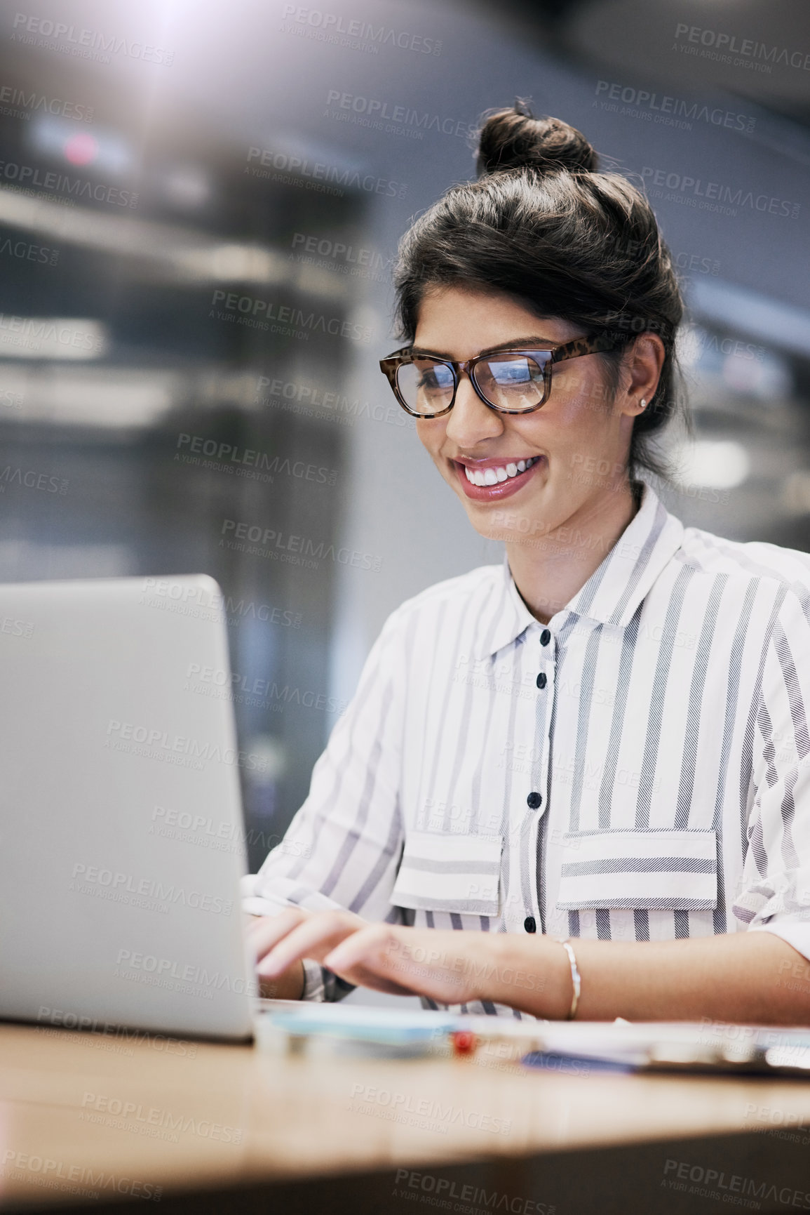 Buy stock photo Happy, business woman and typing on laptop for research, reading email or update schedule. Technology, worker or editor on computer for writing publication results or proofreading in creative startup