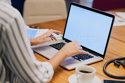 Buy stock photo Hands typing, business person and laptop screen with mockup space, advertising and email. Computer, digital display or worker writing promotion, commercial design and social media in creative startup