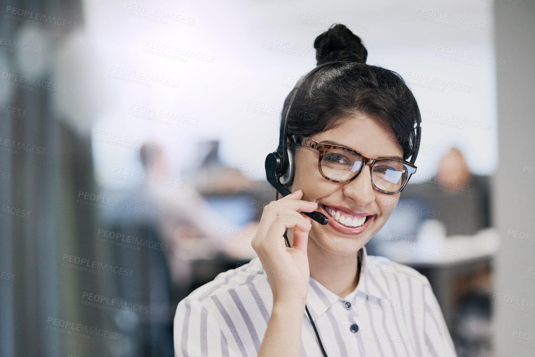 Buy stock photo Smile, woman and consulting with portrait in call center for career in telemarketing, inbound and customer service. Girl, headset and advisor for multilingual technical support, translation and crm.