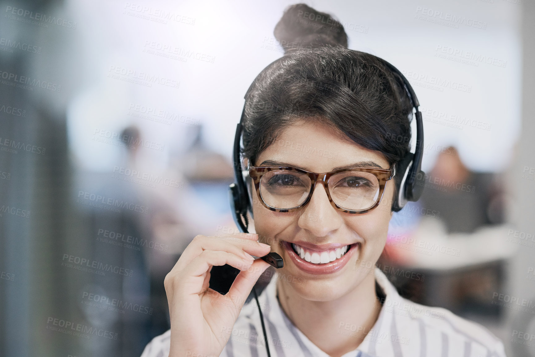 Buy stock photo Happy, woman and advisor with portrait in call center for career in telemarketing, inbound and customer service. Girl, headset and consulting for multilingual technical support, translation and crm.