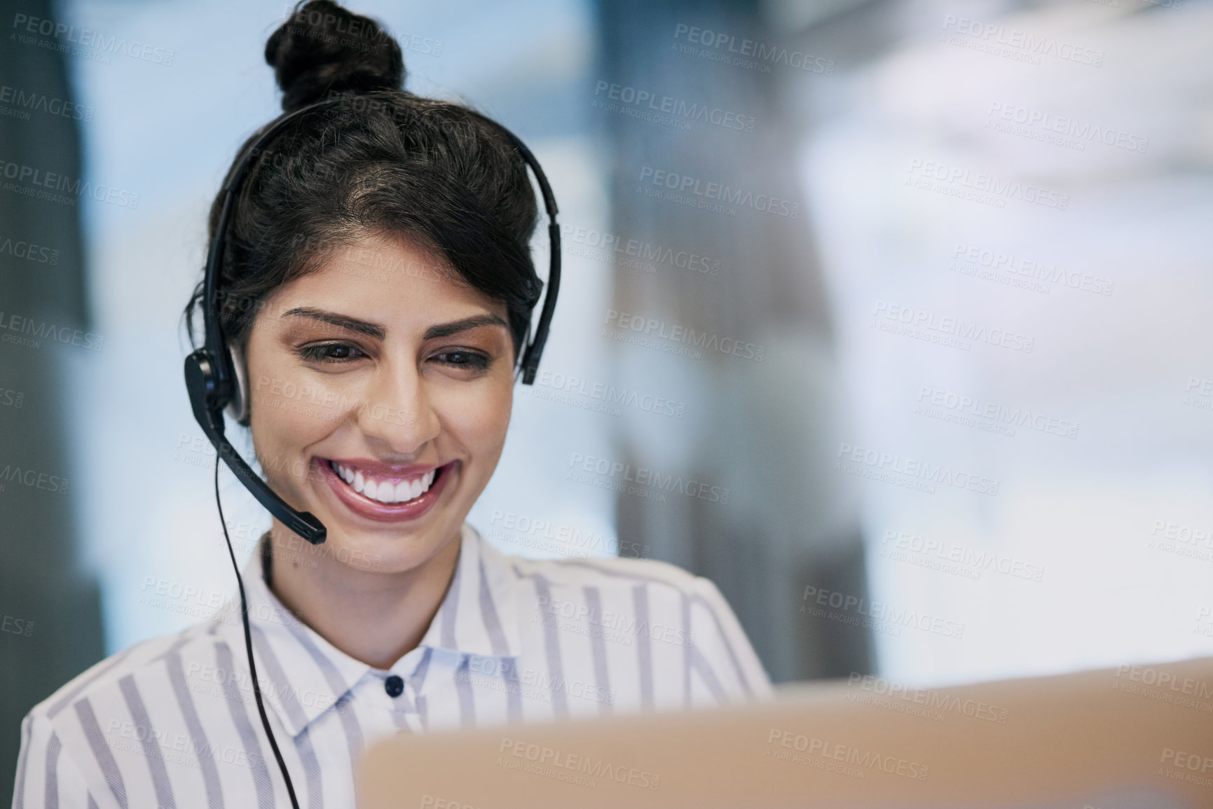 Buy stock photo Happy, woman and online with laptop in call center for career in telemarketing, inbound and customer service. Girl, headset and consulting for multilingual technical support, translation and crm.