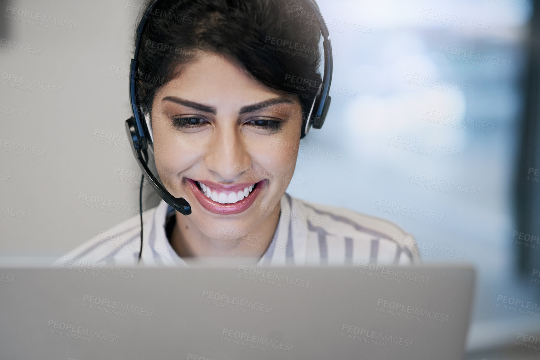 Buy stock photo Business, help desk and woman with smile, call center and expert for customer service. Person, employee and agent with headset, consulting and tech support for insurance, telemarketing and contact us