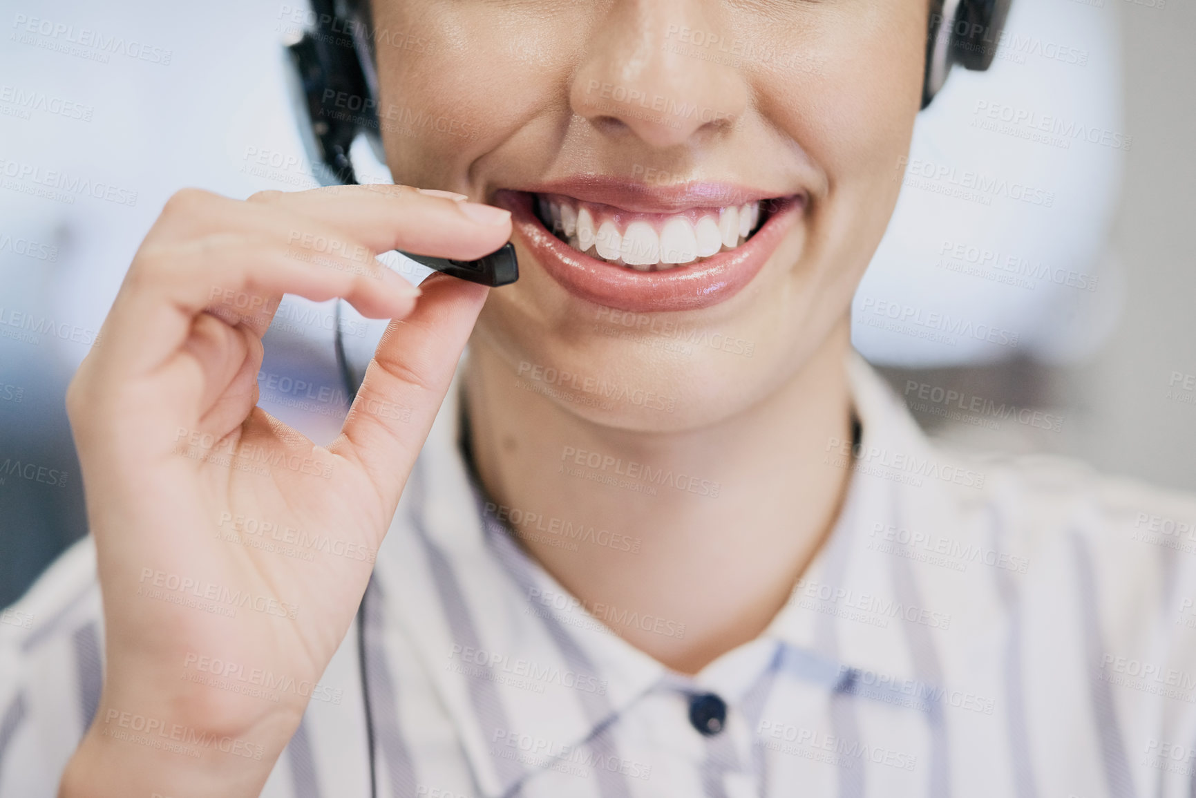 Buy stock photo Happy, girl and consulting with mouth in call center for career in telemarketing, inbound and customer service. Woman, headset and advisor for multilingual technical support, translation and crm.