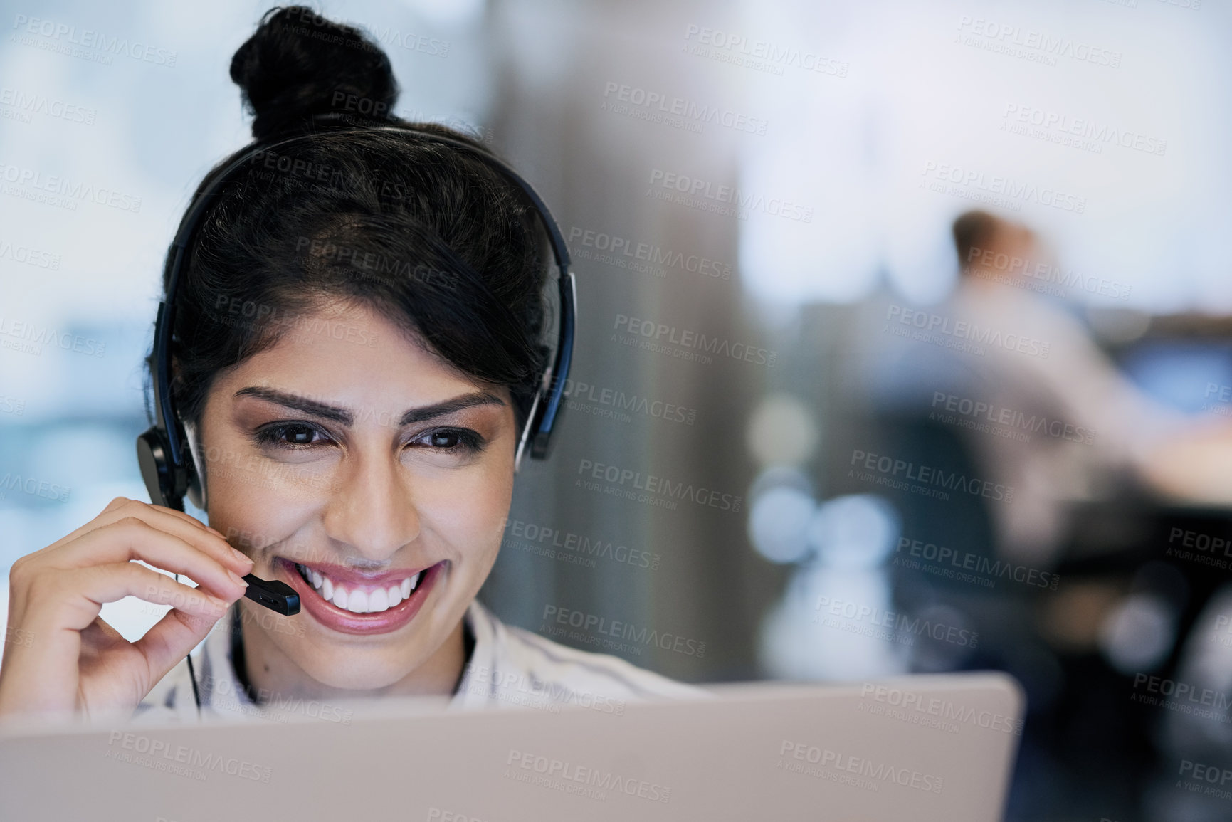 Buy stock photo Business, telemarketing and woman with smile, computer and expert for customer service. Person, employee and agent with headset, consulting and technical support for telecom sales, crm or call center