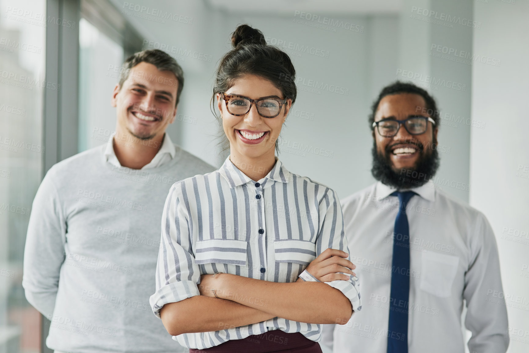 Buy stock photo People, portrait and happy in office for business, confidence and excited for new project. Woman, arms crossed or men in workplace for about us, company development or trust with diversity or support