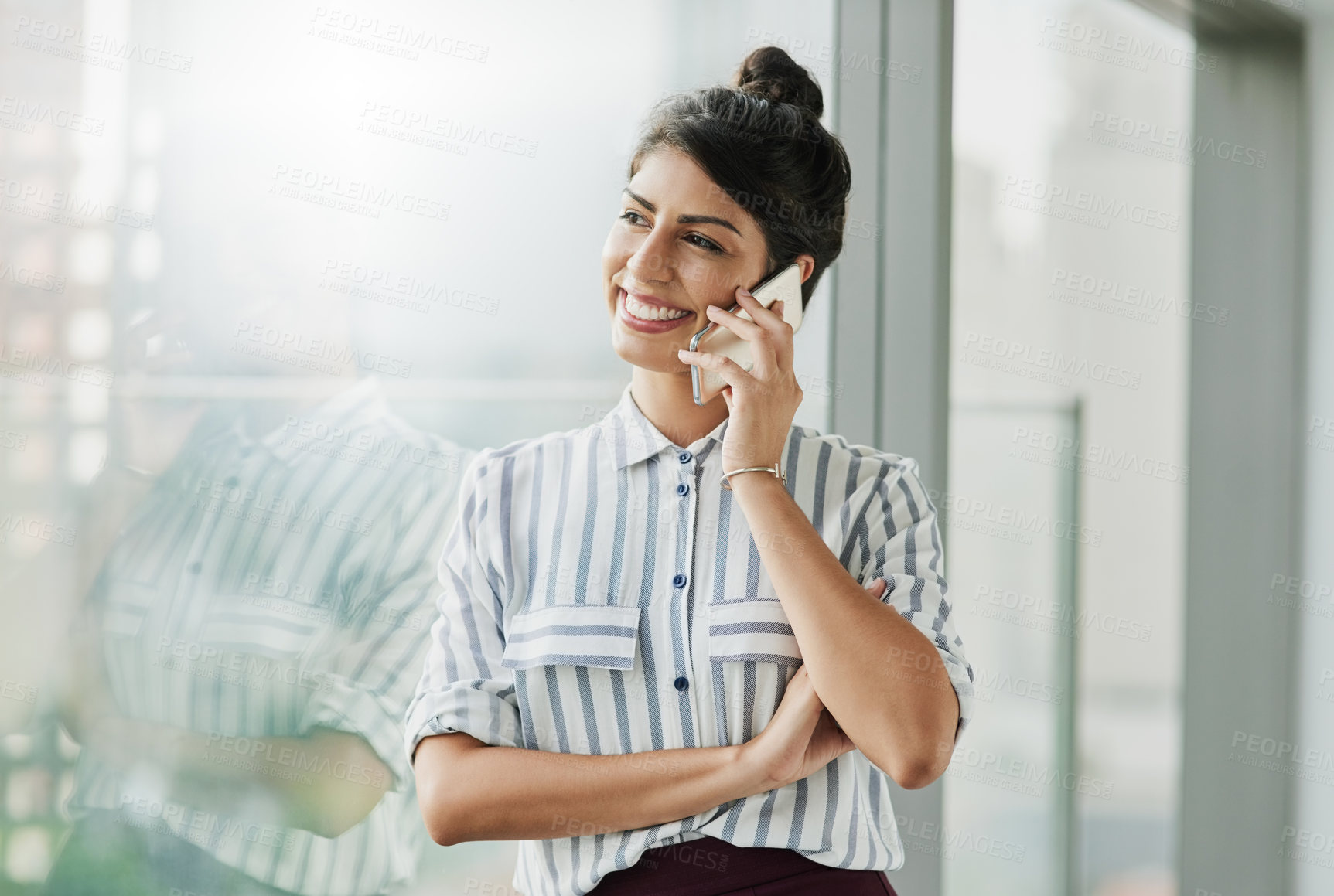 Buy stock photo Phone call, thinking and business woman for consulting, conversation and smile in corporate office. Administration, communication and employee talking for contact us, networking and management