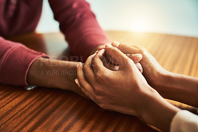 Buy stock photo Closeup shot of two unrecognizable people holding hands in comfort
