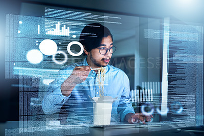 Buy stock photo Asian man, computer engineering and programming code in typing for innovation or web research. Data scientist, tech and cybersecurity for blockchain, overlay or futuristic with working late or eating