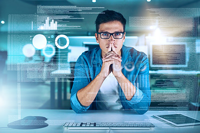 Buy stock photo Man, computer engineer and portrait with overlay, thinking or and training code in market analysis. Data scientist, technology and blockchain for metrics, futuristic network or digital transformation