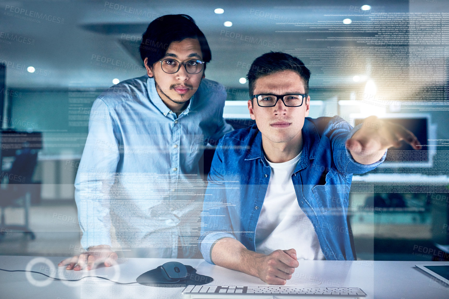 Buy stock photo Portrait, men and coding overlay at night for data developing, software programmer and digital interface. People, it and futuristic hub with dashboard programming, high tech and computing deadline