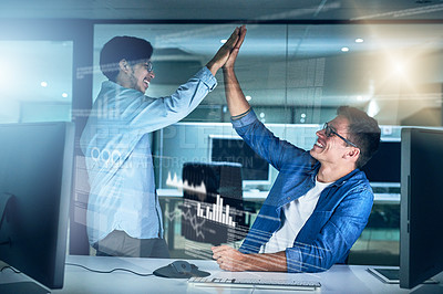 Buy stock photo Success, business people and team high five with data overlay, stats or trade deal on deadline. Celebration, happy men and hands together for win, crypto and stock exchange profit at night in startup