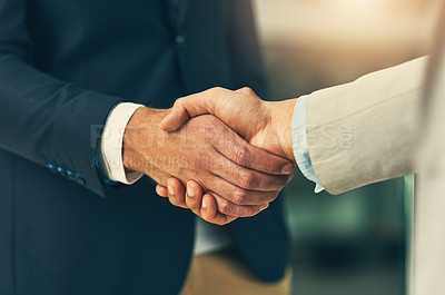 Buy stock photo Handshake, agreement and business men shaking hands in office for partnership, recruitment and thank you. Corporate, collaboration and closeup of male workers for onboarding, support and teamwork