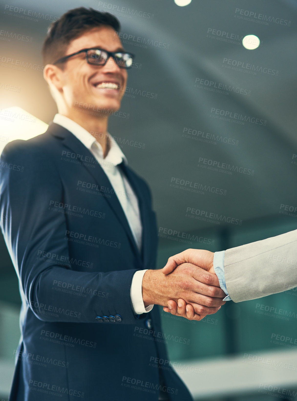 Buy stock photo Handshake, agreement and business men in office for partnership, recruitment deal and thank you. Corporate, collaboration and happy male workers shaking hands for onboarding, support and teamwork