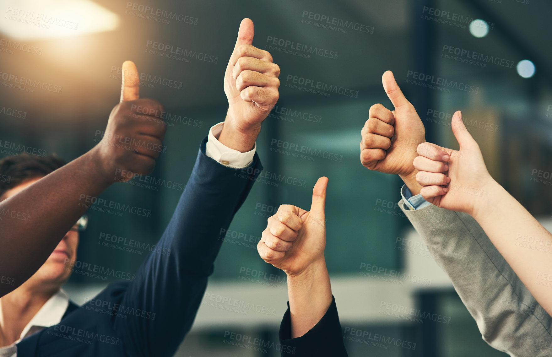 Buy stock photo Teamwork, thumbs up and hands of business people in office for feedback, good news and agreement. Corporate, collaboration and men and employee workers with gesture for thank you, support or yes sign