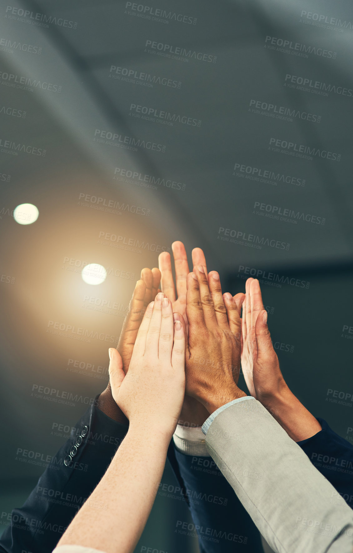 Buy stock photo High five, teamwork and hands of business people in office for celebration, team building and motivation. Goals, collaboration and workers with hand together for agreement, support and success