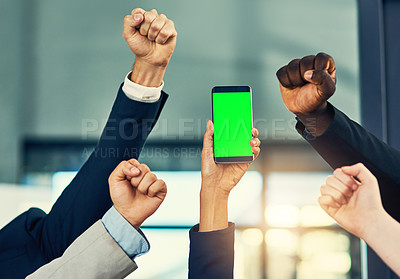 Buy stock photo Cropped shot of a group of businesspeople cheering and holding a mobile phone in a modern office
