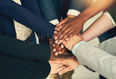 Buy stock photo Teamwork, diversity and hands stack of business people in office for achievement, team building and goals. Corporate, collaboration and workers with hand together for solidarity, support and mission