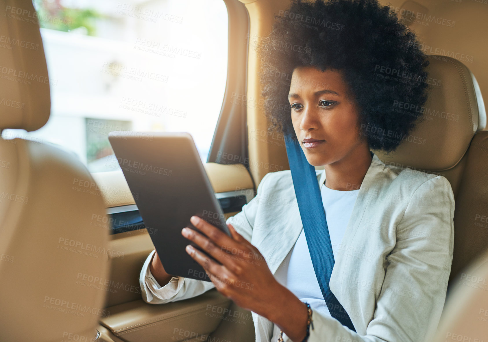 Buy stock photo Shot of a of a focused young businesswoman busy browsing on her digital tablet while being seated in the back of a car on her way to work